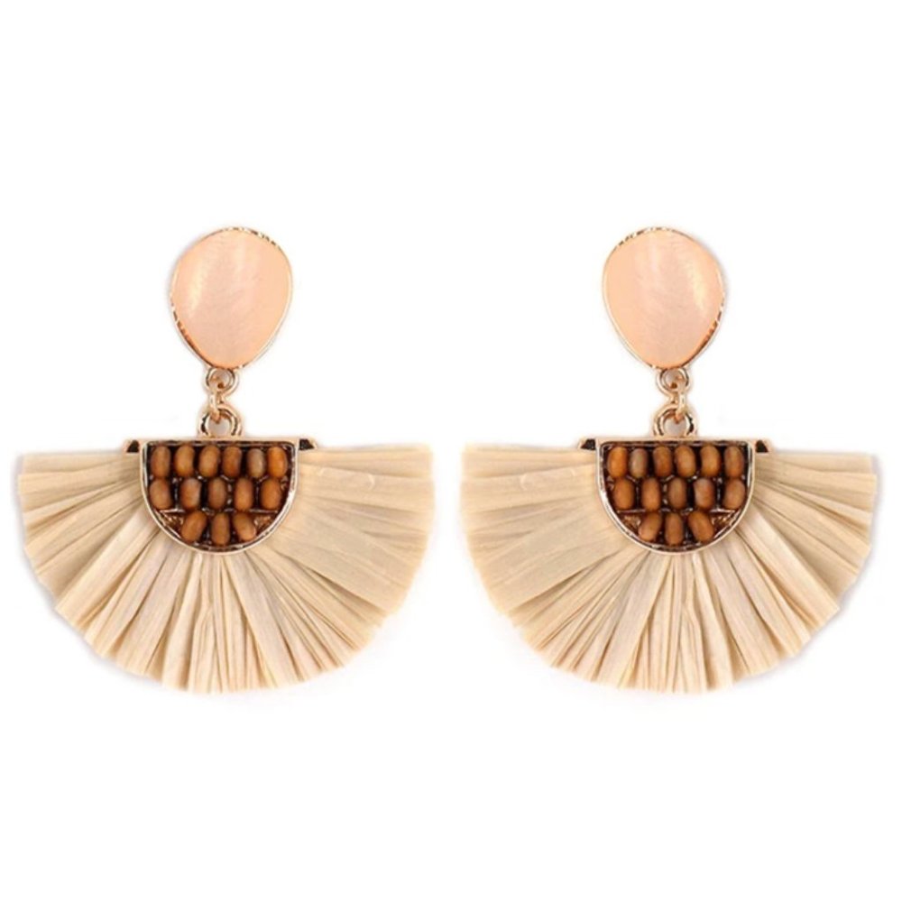 2/$30| Natural Shell Wood Bead Raffia Fan Earrings